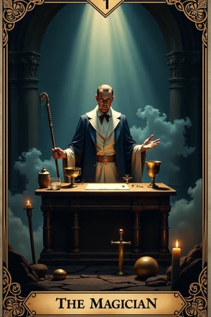 A dramatic scene depicting the theme of tarot card 1 The Magician, featuring a confident figure standing at an altar, surrounded by various magical tools and symbols. The lighting is dramatic, with a spotlight on the Magician figure and dim, shadowy light surrounding the altar. The composition is dynamic, with the Magician figure at the center and the magical tools and symbols around him, creating a sense of power and mastery. The scene is filled with symbolic elements, such as a wand, a cup, a sword, and a pentacle, emphasizing the themes of skill and manifestation.