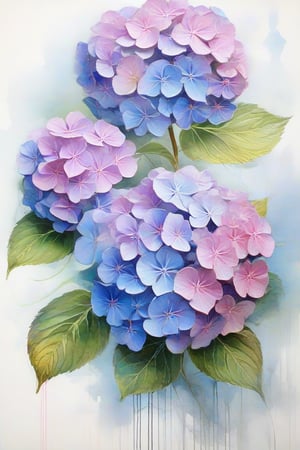 Hydrangea flowers of purple, pink, blue colours, Loose brush strokes dominate the composition, as Windsor and Newton colours blend and bleed across cold pressed white paper. delicate features are rendered with a Mob brush, while sketch -like details are captured with a small pointed brush. Background is painted roughly creating grunge texture . Use wet on wet and dry brush techniques. Overlapping layers,Colours blending should be unpredictable spreading to all directions.