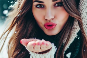 Intense extreme close-up captures a beautiful young woman giving a flying kiss, looking to viewers, beautiful hand, excellent beautiful lip,