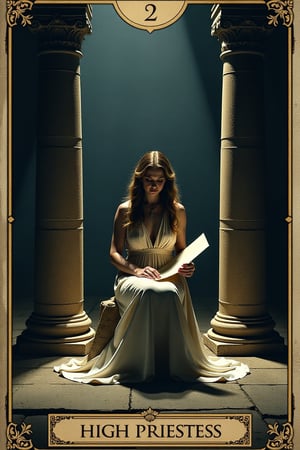 A dramatic scene depicting the theme of tarot card 2 The High Priestess, featuring a serene woman seated between two pillars, holding a scroll and a crescent moon at her feet. The lighting is dramatic, with a spotlight on the High Priestess figure and dim, shadowy light surrounding the pillars. The composition is balanced, with the High Priestess at the center and the pillars on either side, creating a sense of mystery and wisdom. The scene is filled with symbolic elements, such as the scroll and the moon, emphasizing the themes of intuition and hidden knowledge.