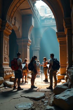 A group of adventurers exploring ancient ruins, with crumbling stone walls and intricate carvings. The adventurers are in various poses, some examining artifacts, others holding maps and flashlights. The ruins are dimly lit, with shafts of light filtering through cracks in the ceiling. The composition is dynamic, capturing the sense of discovery and adventure. The framing is wide, showing the vastness of the ruins and the adventurers' small yet determined presence within them.