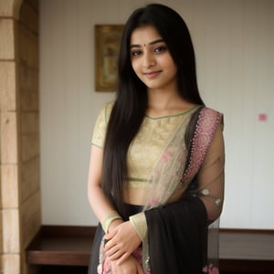 Cute teenage Indian girl, Shy and demure expression
Fair complexion, Long, straight black hair, Traditional Indian attire like a colorful salwar kameez or saree
Wearing minimal, natural makeup, Holding a smartphone in a candid pose, Background of a cozy, well-lit room or an outdoor garden with flowers, Soft lighting to highlight her fair complexion and shy demeanor, Gentle smile or a slightly shy, downward gaze