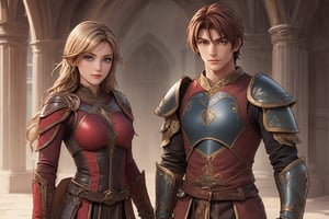 American shot. Show a young, cute, blonde, blue-eyed elf woman in leather armor and a red-dark-haired, tall, strong, handsome human male with greyish-green eyes in plate armor. Both are characters from the game Lineage II,MUGODDESS