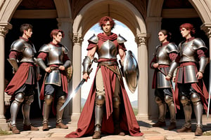 Dark red short hair, strong, human man with plate armor, a sword, and a shield. His hair is short. Full body,MUGODDESS,renaissance