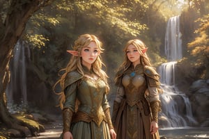 A warm golden glow illuminates the enchanted forest, casting a gentle ambiance on the cute, young blonde-haired elf woman. She is standing, her light sky-blue eyes scanning the surroundings with quiet determination. She has long free hair and the fringe part at the right side of her face. She wears a light-weight leather armor, adorned with intricate details and filigree decorations that reflect her high social status. Her body is slightly musculated, and she poses in contrapposto. Far in the background, we might see a high waterfall. Long shot so she can be seen from head to toe,renaissance,MUGODDESS