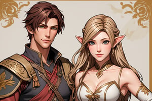 American shot. Show a young, cute, blonde, light elf archer woman and a red-dark-haired, tall, strong, handsome human male. Both in the style of the game Lineage II,MUGODDESS