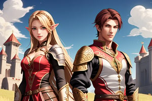 American plane. Show a  young, cute, blonde, light elf archer woman and a red-dark-haired, tall, strong, handsome human male. Both in the style of the game Lineage II,renaissance,MUGODDESS
