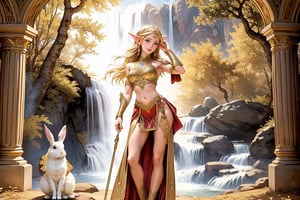 A warm golden glow illuminates the enchanted forest, casting a gentle ambiance on the cute, young blonde-haired elf woman. She is standing, her light sky-blue eyes scanning the surroundings with quiet determination. She has long free hair and the fringe part at the right side of her face. She wears a light-weight leather armor, adorned with intricate details and filigree decorations that reflect her high social status. Her body is slightly musculated, and she poses in contrapposto. Far in the background, we might see a high waterfall. We see her full body, she has her feet on the ground and there is a rabbit next to her foot.,renaissance,MUGODDESS