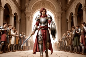 Dark red short hair, strong, human man with plate armor, a sword, and a shield. His hair is short. Full body,MUGODDESS,renaissance