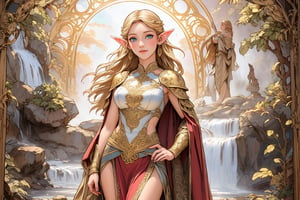 A warm golden glow illuminates the enchanted forest, casting a gentle ambiance on the cute, young blonde-haired elf woman. She is standing, her light sky-blue eyes scanning the surroundings with quiet determination. She has long free hair and the fringe part at the right side of her face. She wears a light-weight leather armor, adorned with intricate details and filigree decorations that reflect her high social status. Her body is slightly musculated, and she poses in contrapposto. Far in the background, we might see a high waterfall. Long shot so she can be seen from head to toe,renaissance,MUGODDESS