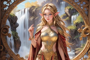 A warm golden glow illuminates the enchanted forest, casting a gentle ambiance on the cute, young blonde-haired elf woman. She is standing, her light sky-blue eyes scanning the surroundings with quiet determination. She has long free hair and the fringe part at the right side of her face. She wears a light-weight leather armor, adorned with intricate details and filigree decorations that reflect her high social status. Her body is slightly musculated, and she poses in contrapposto. Far in the background, we might see a high waterfall. Long shot so she can be seen from head to toe,renaissance,MUGODDESS