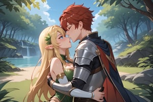 A warm sunlight filters through the lush green foliage, casting dappled shadows on the forest floor as the young blonde elf archer woman with sky-blue eyes, clad in light leather armor, wraps her arms around the tall human man warrior's broad shoulders. He has short dark red hair and he returns her fervent embrace, their faces inches apart. The blue-eyed elf and green-greyish-eyed human share a tender, passionate kiss amidst the tranquil forest scenery.,Expressiveh
