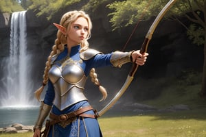 A warm golden glow illuminates the enchanted forest, casting a gentle ambiance on the cute, young blonde-haired elf woman. She is standing, her light sky-blue eyes scanning the surroundings with quiet determination. She has long free hair, with two braids that are tied together at the back of her head, and the fringe falls to the right side of her face. She wears a light-weight leather armor, adorned with intricate details and filigree decorations that reflect her high social status. Since she is an archer, her body is slightly musculated, and she poses in contrapposto, wielding a bow weapon as if prepared to take aim in an instant. Far in the background, we might see a high waterfall.,renaissance,MUGODDESS