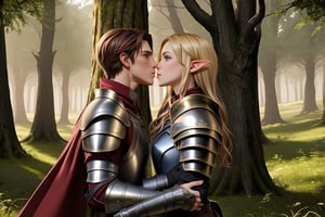 Full body shot. Show a young, cute, blonde, blue-eyed, elf woman in leather armor and a red-dark-haired, tall, strong, handsome, greyish-green-eyed human male in plate armor. Both are characters from the game Lineage II. They are kissing each other in a lovely forest.