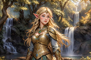 A warm golden glow illuminates the enchanted forest, casting a gentle ambiance on the cute, young blonde-haired elf woman. She is standing, her light sky-blue eyes scanning the surroundings with quiet determination. She has long free hair and the fringe part at the right side of her face. She wears a light-weight leather armor, adorned with intricate details and filigree decorations that reflect her high social status. Her body is slightly musculated, and she poses in contrapposto. Far in the background, we might see a high waterfall. Long shot so she can be seen from head to toe,renaissance,MUGODDESS