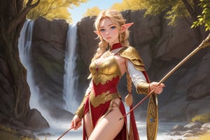 A warm golden glow illuminates the enchanted forest, casting a gentle ambiance on the cute, young blonde-haired elf woman. She is standing, her light sky-blue eyes scanning the surroundings with quiet determination. She has long free hair, with two braids that are tied together at the back of her head, and the fringe falls to the right side of her face. She wears a light-weight leather armor, adorned with intricate details and filigree decorations that reflect her high social status. Since she is an archer, her body is slightly musculated, and she poses in contrapposto, wielding a bow weapon as if prepared to take aim in an instant. Far in the background, we might see a high waterfall.,renaissance,MUGODDESS