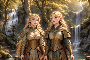 A warm golden glow illuminates the enchanted forest, casting a gentle ambiance on the cute, young blonde-haired elf woman. She is standing, her light sky-blue eyes scanning the surroundings with quiet determination. She has long free hair and the fringe part at the right side of her face. She wears a light-weight leather armor, adorned with intricate details and filigree decorations that reflect her high social status. Her body is slightly musculated, and she poses in contrapposto. Far in the background, we might see a high waterfall. Long shot so she can be seen from head to toe,renaissance,MUGODDESS