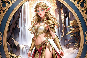 A warm golden glow illuminates the enchanted forest, casting a gentle ambiance on the cute, young blonde-haired elf woman. She is standing, her light sky-blue eyes scanning the surroundings with quiet determination. She has long free hair and the fringe part at the right side of her face. She wears a light-weight leather armor, adorned with intricate details and filigree decorations that reflect her high social status. Her body is slightly musculated, and she poses in contrapposto. Far in the background, we might see a high waterfall. Long shot so she can be seen from head to toe,renaissance,MUGODDESS