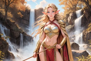 A warm golden glow illuminates the enchanted forest, casting a gentle ambiance on the cute, young blonde-haired elf woman. She is standing, her light sky-blue eyes scanning the surroundings with quiet determination. She has long free hair, with two braids that are tied together at the back of her head, and the fringe falls to the right side of her face. She wears a light-weight leather armor, adorned with intricate details and filigree decorations that reflect her high social status. Since she is an archer, her body is slightly musculated, and she poses in contrapposto, wielding a bow weapon as if prepared to take aim in an instant. Far in the background, we might see a high waterfall.,renaissance,MUGODDESS