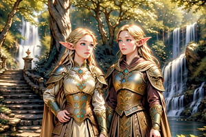 A warm golden glow illuminates the enchanted forest, casting a gentle ambiance on the cute, young blonde-haired elf woman. She is standing, her light sky-blue eyes scanning the surroundings with quiet determination. She has long free hair and the fringe part at the right side of her face. She wears a light-weight leather armor, adorned with intricate details and filigree decorations that reflect her high social status. Her body is slightly musculated, and she poses in contrapposto. Far in the background, we might see a high waterfall. Long shot so she can be seen from head to toe,renaissance,MUGODDESS