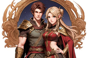 American plane. Show a  young, cute, blonde, light elf archer woman and a red-dark-haired, tall, strong, handsome human male. Both in the style of the game Lineage II,MUGODDESS