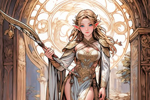 A warm golden glow illuminates the enchanted forest, casting a gentle ambiance on the cute, young blonde-haired elf woman. She is standing, her light sky-blue eyes scanning the surroundings with quiet determination. She has long free hair, with two braids that are tied together at the back of her head, and the fringe falls to the right side of her face. She wears a light-weight leather armor, adorned with intricate details and filigree decorations that reflect her high social status. Since she is an archer, her body is slightly musculated, and she poses in contrapposto, wielding a bow weapon as if prepared to take aim in an instant. Far in the background, we might see a high waterfall.,renaissance,MUGODDESS