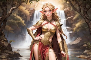 A warm golden glow illuminates the enchanted forest, casting a gentle ambiance on the cute, young blonde-haired elf woman. She is standing, her light sky-blue eyes scanning the surroundings with quiet determination. She has long free hair, with two braids that are tied together at the back of her head, and the fringe falls to the right side of her face. She wears a light-weight leather armor, adorned with intricate details and filigree decorations that reflect her high social status. Since she is an archer, her body is slightly musculated, and she poses in contrapposto, wielding a bow weapon as if prepared to take aim in an instant. Far in the background, we might see a high waterfall.,renaissance,MUGODDESS