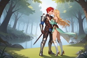 Full body shot. Show a young, cute, blonde, blue-eyed, light elf archer woman in leather armor. There is also a red-dark-haired, tall, strong, handsome human male warrior with green-greyish eyes. Both are in the style of the game Lineage II. They are kissing each other in a lovely forest.,Expressiveh