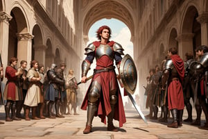 Dark red short hair, strong, human man with plate armor, a sword, and a shield. His hair is short. Full body,MUGODDESS,renaissance