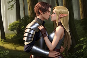 Full body shot. Show a young, cute, blonde, blue-eyed, light elf archer woman in leather armor. There is also a red-dark-haired, tall, strong, handsome human male warrior with green-greyish eyes. Both are in the style of the game Lineage II. They are kissing each other in a lovely forest.