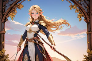 In a warm, golden light, a petite, blonde-haired elf woman stands confidently in the midst of an enchanted forest, her sky-blue eyes scanning the surroundings with quiet determination. Her medium-length hair, tied in braids on either side of her head and joining behind her head, frames her heart-shaped face, while the bangs to one side add to her endearing charm. She wears a well-fitted light leather armor, adorned with intricate details that reflect her archer skills. Her athletic physique is showcased as she stands with one leg slightly forward, hand resting on the hilt of her bow, ready to take aim at any moment.,MUGODDESS