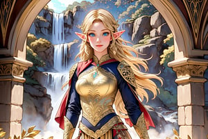 A warm golden glow illuminates the enchanted forest, casting a gentle ambiance on the cute, young blonde-haired elf woman. She is standing, her light sky-blue eyes scanning the surroundings with quiet determination. She has long free hair and the fringe part at the right side of her face. She wears a light-weight leather armor, adorned with intricate details and filigree decorations that reflect her high social status. Her body is slightly musculated, and she poses in contrapposto. Far in the background, we might see a high waterfall. Long shot so she can be seen from head to toe,renaissance,MUGODDESS