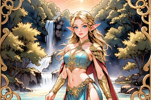 A warm golden glow illuminates the enchanted forest, casting a gentle ambiance on the cute, young blonde-haired elf woman. She is standing, her light sky-blue eyes scanning the surroundings with quiet determination. She has long free hair and the fringe part at the right side of her face. She wears a light-weight leather armor, adorned with intricate details and filigree decorations that reflect her high social status. Her body is slightly musculated, and she poses in contrapposto. Far in the background, we might see a high waterfall. Long shot so she can be seen from head to toe,renaissance,MUGODDESS