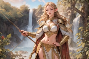 A warm golden glow illuminates the enchanted forest, casting a gentle ambiance on the cute, young blonde-haired elf woman. She is standing, her light sky-blue eyes scanning the surroundings with quiet determination. She has long free hair, with two braids that are tied together at the back of her head, and the fringe falls to the right side of her face. She wears a light-weight leather armor, adorned with intricate details and filigree decorations that reflect her high social status. Since she is an archer, her body is slightly musculated, and she poses in contrapposto, wielding a bow weapon as if prepared to take aim in an instant. Far in the background, we might see a high waterfall.,renaissance,MUGODDESS