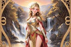 A warm golden glow illuminates the enchanted forest, casting a gentle ambiance on the cute, young blonde-haired elf woman. She is standing, her light sky-blue eyes scanning the surroundings with quiet determination. She has long free hair and the fringe part at the right side of her face. She wears a light-weight leather armor, adorned with intricate details and filigree decorations that reflect her high social status. Her body is slightly musculated, and she poses in contrapposto. Far in the background, we might see a high waterfall. Full body,renaissance,MUGODDESS