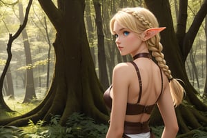 Show a young, cute elf woman, with blonde hair and blue eyes, alone in an enchanted forest. She has a regular body type, slightly fit but agile and elegant. She has medium-long hair with a braid parting from each side of her head and joining in the back, and her bangs to the side. She is an archer and wears a leather armor. Full body shot. The woman looks like Emilie Nereng.