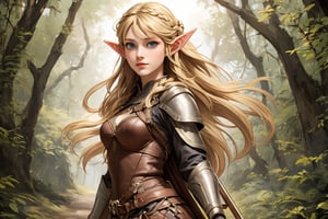 Show a young, cute elf woman, with blonde hair and blue eyes, alone in an enchanted forest. She has a regular body type, slightly fit but agile and elegant. She has medium-long hair with a braid parting from each side of her head and joining in the back, and her bangs to the side. She is an archer and wears a leather armor. Full body shot,MUGODDESS,renaissance