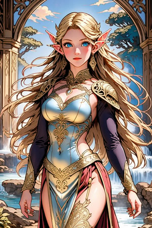 A warm golden glow illuminates the enchanted forest, casting a gentle ambiance on the cute, young blonde-haired elf woman. She is standing, her light sky-blue eyes scanning the surroundings with quiet determination. She has long free hair and the fringe part at the right side of her face. She wears a light-weight leather armor, adorned with intricate details and filigree decorations that reflect her high social status. Her body is slightly musculated, and she poses in contrapposto. Far in the background, we might see a high waterfall. Long shot,renaissance,MUGODDESS