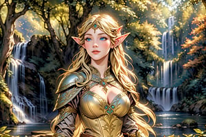 A warm golden glow illuminates the enchanted forest, casting a gentle ambiance on the cute, young blonde-haired elf woman. She is standing, her light sky-blue eyes scanning the surroundings with quiet determination. She has long free hair and the fringe part at the right side of her face. She wears a light-weight leather armor, adorned with intricate details and filigree decorations that reflect her high social status. Her body is slightly musculated, and she poses in contrapposto. Far in the background, we might see a high waterfall. Long shot so she can be seen from head to toe,renaissance,MUGODDESS