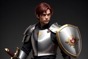 Strong, human man with short dark red hair in plate armor, a sword, and a shield