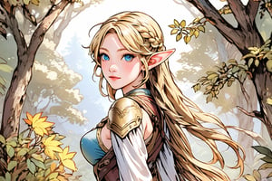Show a young, cute elf woman, with blonde hair and blue eyes, alone in an enchanted forest. She has a regular body type, slightly fit but agile and elegant. She has medium-long free hair with a braid parting from each side of her head and joining in the back, and her bangs to the side. She is an archer and wears a leather armor. American plane,MUGODDESS