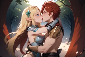 A warm sunlight filters through the lush green foliage, casting dappled shadows on the forest floor as the young blonde elf archer woman with sky-blue eyes, clad in light leather armor, wraps her arms around the tall human man warrior's broad shoulders. He has short dark red hair and he returns her fervent embrace, their faces inches apart. The blue-eyed elf and green-greyish-eyed human share a tender, passionate kiss amidst the tranquil forest scenery.,Expressiveh