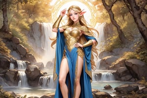 A warm golden glow illuminates the enchanted forest, casting a gentle ambiance on the cute, young blonde-haired elf woman. She is standing, her light sky-blue eyes scanning the surroundings with quiet determination. She has long free hair and the fringe part at the right side of her face. She wears a light-weight leather armor, adorned with intricate details and filigree decorations that reflect her high social status. Her body is slightly musculated, and she poses in contrapposto. Far in the background, we might see a high waterfall. We see her full body, she has her feet on the ground and there is a rabbit next to her foot.,renaissance,MUGODDESS