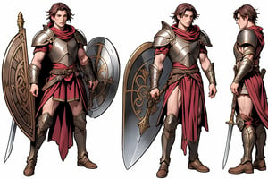 Red dark haired, strong, human man with plate armor, a sword, and a shield. His hair is short. Full body,MUGODDESS,renaissance