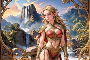 A warm golden glow illuminates the enchanted forest, casting a gentle ambiance on the cute, young blonde-haired elf woman. She is standing, her light sky-blue eyes scanning the surroundings with quiet determination. She has long free hair and the fringe part at the right side of her face. She wears a light-weight leather armor, adorned with intricate details and filigree decorations that reflect her high social status. Her body is slightly musculated, and she poses in contrapposto. Far in the background, we might see a high waterfall. Long shot so she can be seen from head to toe,renaissance,MUGODDESS