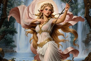 A warm golden glow illuminates the enchanted forest, casting a gentle ambiance on the cute, young blonde-haired elf woman. She is standing, her light sky-blue eyes scanning the surroundings with quiet determination. She has long free hair, with two braids that are tied together at the back of her head, and the fringe falls to the right side of her face. She wears a light-weight leather armor, adorned with intricate details and filigree decorations that reflect her high social status. Since she is an archer, her body is slightly musculated, and she poses in contrapposto, wielding a bow weapon as if prepared to take aim in an instant. Far in the background, we might see a high waterfall.,renaissance