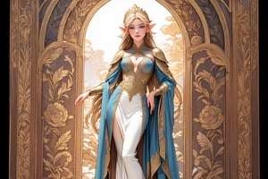 A warm golden glow illuminates the enchanted forest, casting a gentle ambiance on the cute, young blonde-haired elf woman. She is standing, her light sky-blue eyes scanning the surroundings with quiet determination. She has long free hair and the fringe part at the right side of her face. She wears a light-weight leather armor, adorned with intricate details and filigree decorations that reflect her high social status. Her body is slightly musculated, and she poses in contrapposto. Far in the background, we might see a high waterfall. Full body and a rabbit at her feet,renaissance,MUGODDESS