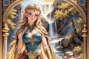 A warm golden glow illuminates the enchanted forest, casting a gentle ambiance on the cute, young blonde-haired elf woman. She is standing, her light sky-blue eyes scanning the surroundings with quiet determination. She has long free hair and the fringe part at the right side of her face. She wears a light-weight leather armor, adorned with intricate details and filigree decorations that reflect her high social status. Her body is slightly musculated, and she poses in contrapposto. Far in the background, we might see a high waterfall. Long shot,renaissance,MUGODDESS