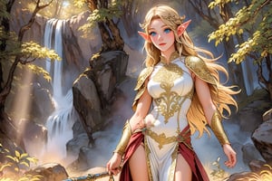  A warm golden glow illuminates the enchanted forest, casting a gentle ambiance on the cute, young blonde-haired elf woman. She is standing, her light sky-blue eyes scanning the surroundings with quiet determination. She has long free hair and the fringe part at the right side of her face. She wears a light-weight leather armor, adorned with intricate details and filigree decorations that reflect her high social status. Her body is slightly musculated, and she poses in contrapposto. Far in the background, we might see a high waterfall. Long shot,renaissance,MUGODDESS