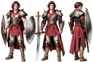Red dark haired, strong, human man with plate armor, a sword, and a shield. His hair is short. Full body,MUGODDESS